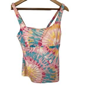 Land’s End W Sz 8 Tankini Swim Top yellow Pink Tie Die Modest Beach